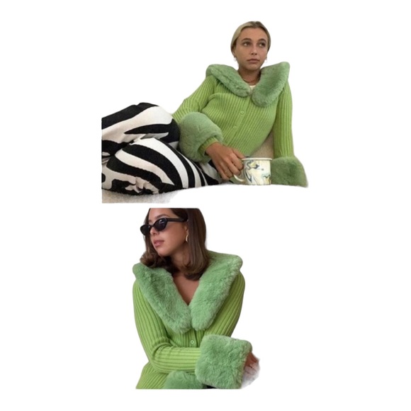 🎈SOLD HOUSE OF SUNNY Lime ribbed cardigan with faux fur cuffs and collar 4 - Picture 16 of 16